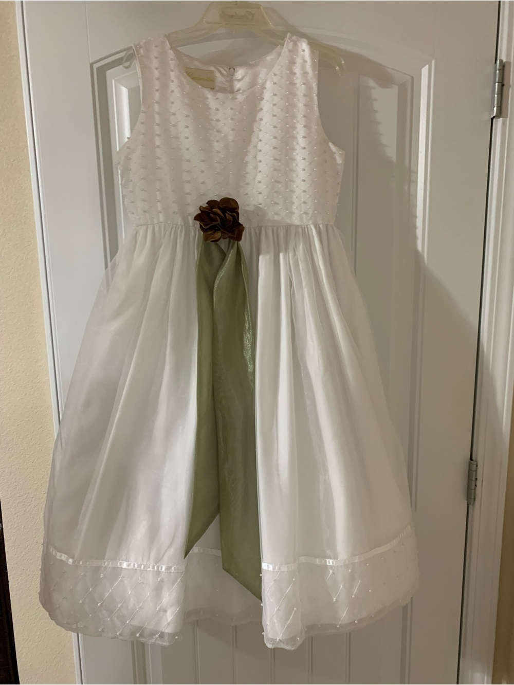 Cinderella White Formal Dress with Green Sash and Brown Flower